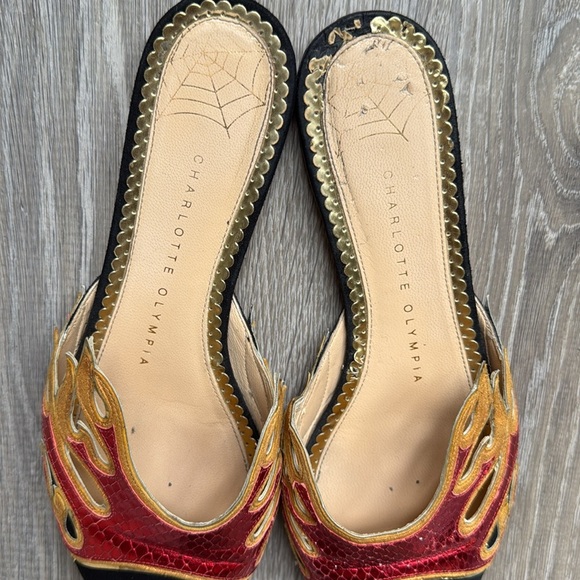 CHARLOTTE OLYMPIA Black Suede And Red Snake-printed Leather mules Size 37/7 - Picture 7 of 11